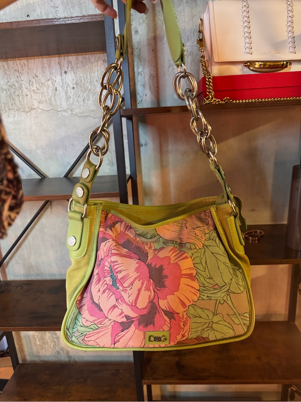 Dolce & Gabbana Y2K Floral Canvas Shoulder Bag in Lime Green and Pink